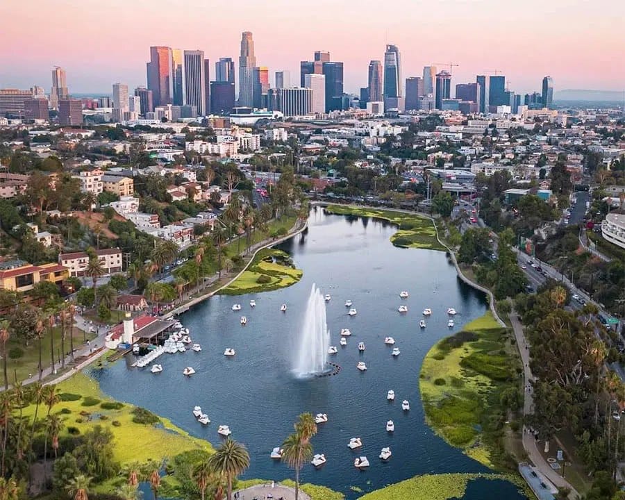 Aerial view over a Westside Los Angeles neighbourhood toward the downtown skyline