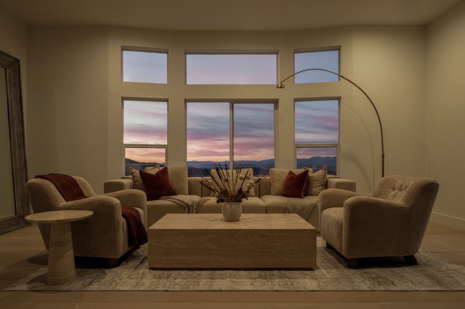 Living room with sunset light across the canyon